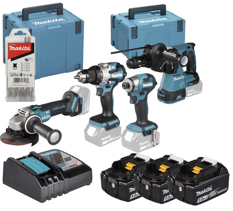 Afbeelding Makita lxt 18 v combiset voor (slag)schroeven, (klop)boren en slijpen in m-box DLX4196JX1