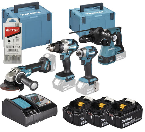 Afbeelding Makita lxt 18 v combiset voor (slag)schroeven, (klop)boren en slijpen in m-box DLX4196JX1
