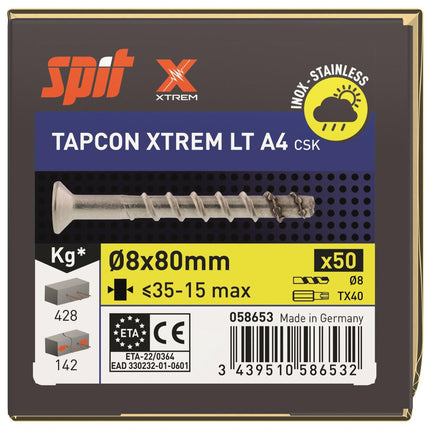 SPIT TAPCON CSK XTREM BETONSCHROEF 8X80 RVS A4 - 50 ST