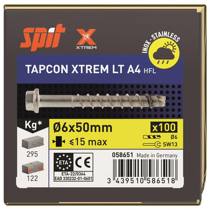 SPIT TAPCON HFL XTREM BETONSCHROEF 6X50 RVS A4 - 100 ST