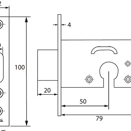 Lijntekening DX insteekbijzetslot profielcilinder