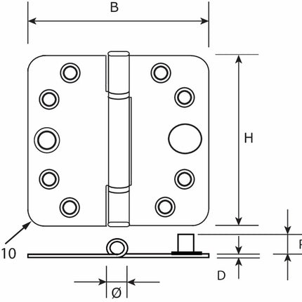 Lijntekening DX glijlagerscharnier met dievenpen