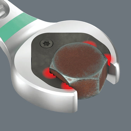 De slimme dubbele zeskant-geometrie van de Joker zorgt voor een vormsluitende verbinding met de bout of moer - dat zit. En de vervangbare gehard metalen plaat in de opening van de Joker bijt zich met extreem harde punten in de boutkop. Beide eigenschappen voorkomen het vervelende afglijden, ook bij 