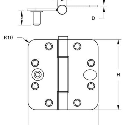 Lijntekening DX glijlagerscharnier met dievenpen
