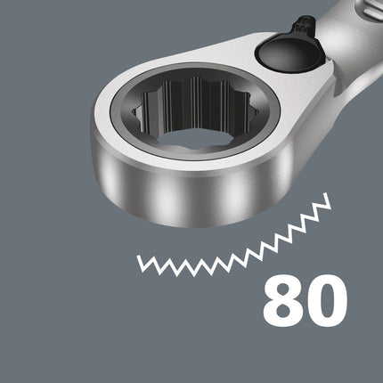 <b>Fijne vertanding</b><br/>Het ratelmechanisme aan de ringzijde beschikt over een zeer fijne vertanding met 80 tanden en zorgt voor flexibiliteit, ook als er weinig ruimte is.