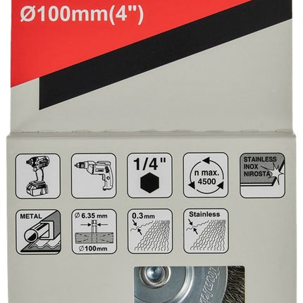 Makita Rondborstel Zeskant 1/4"x100mm RVS - D-76641